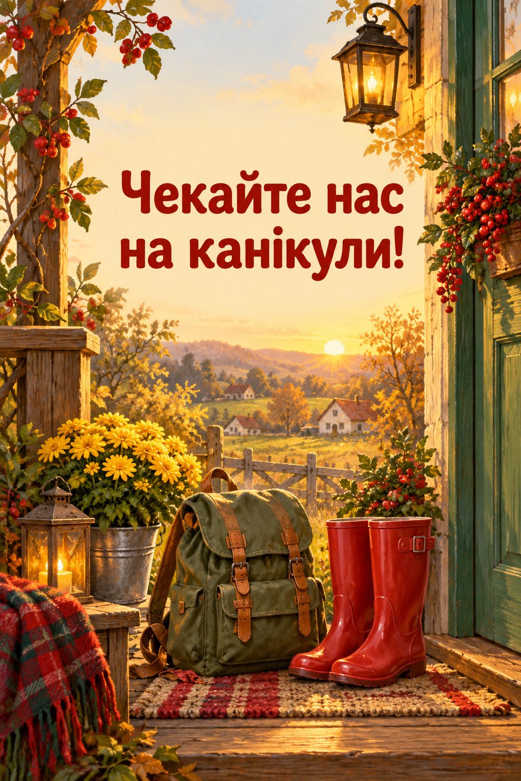 Листівка з Днем бабусі й дідуся: рюкзачок і гумові чобітки на ґанку, напис «Чекайте нас на канікули!»
