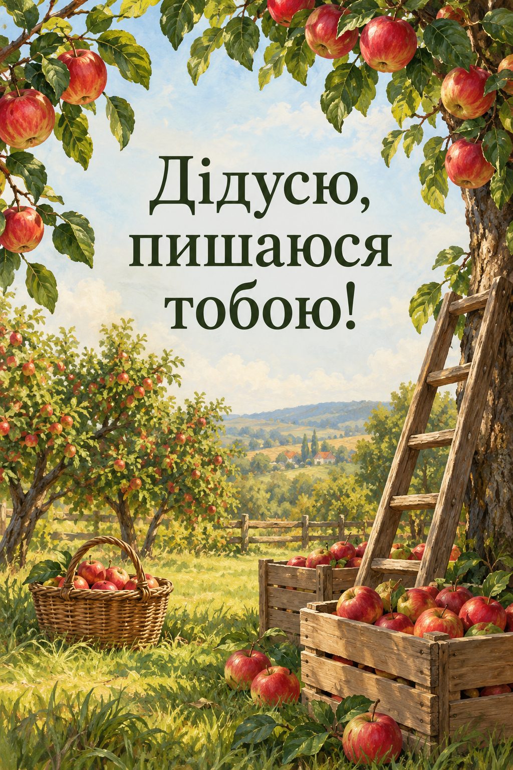 Листівка з Днем бабусі й дідуся: сад із драбиною біля яблуні та ящиками яблук, напис «Дідусю, пишаюся тобою!»