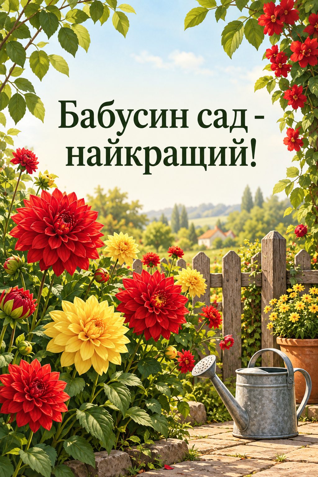Листівка з Днем бабусі й дідуся: сад із жоржинами й лійка біля паркану, напис «Бабусин сад - найкращий!»