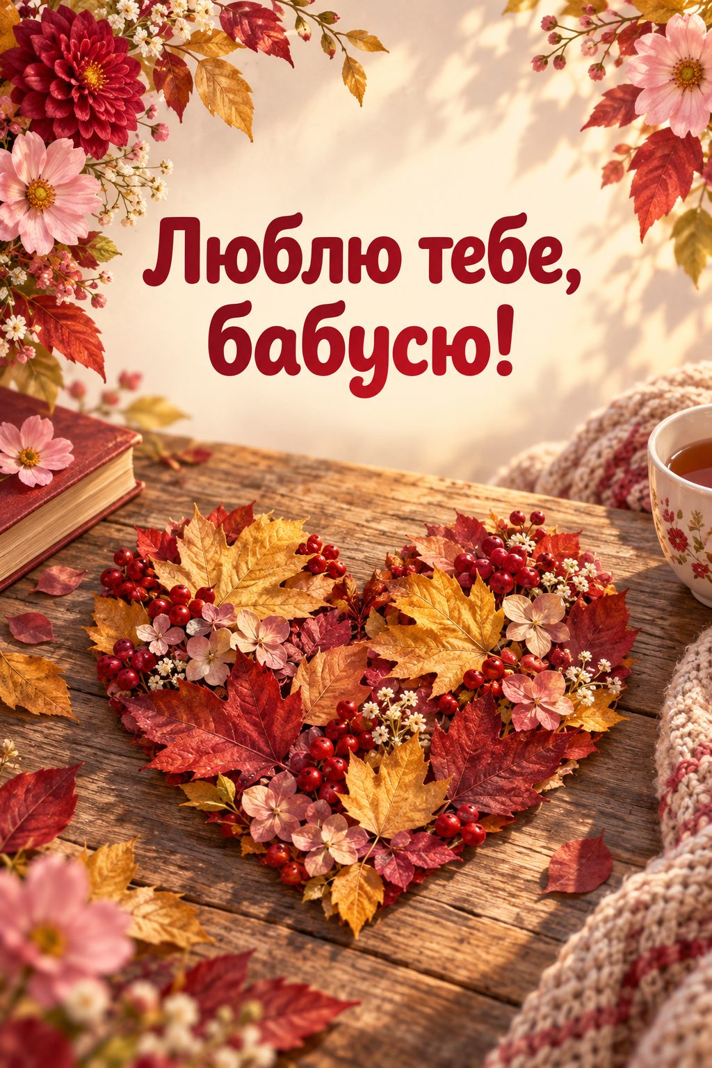 Листівка з Днем бабусі й дідуся: серце з осіннього листя й квітів, напис «Люблю тебе, бабусю!»