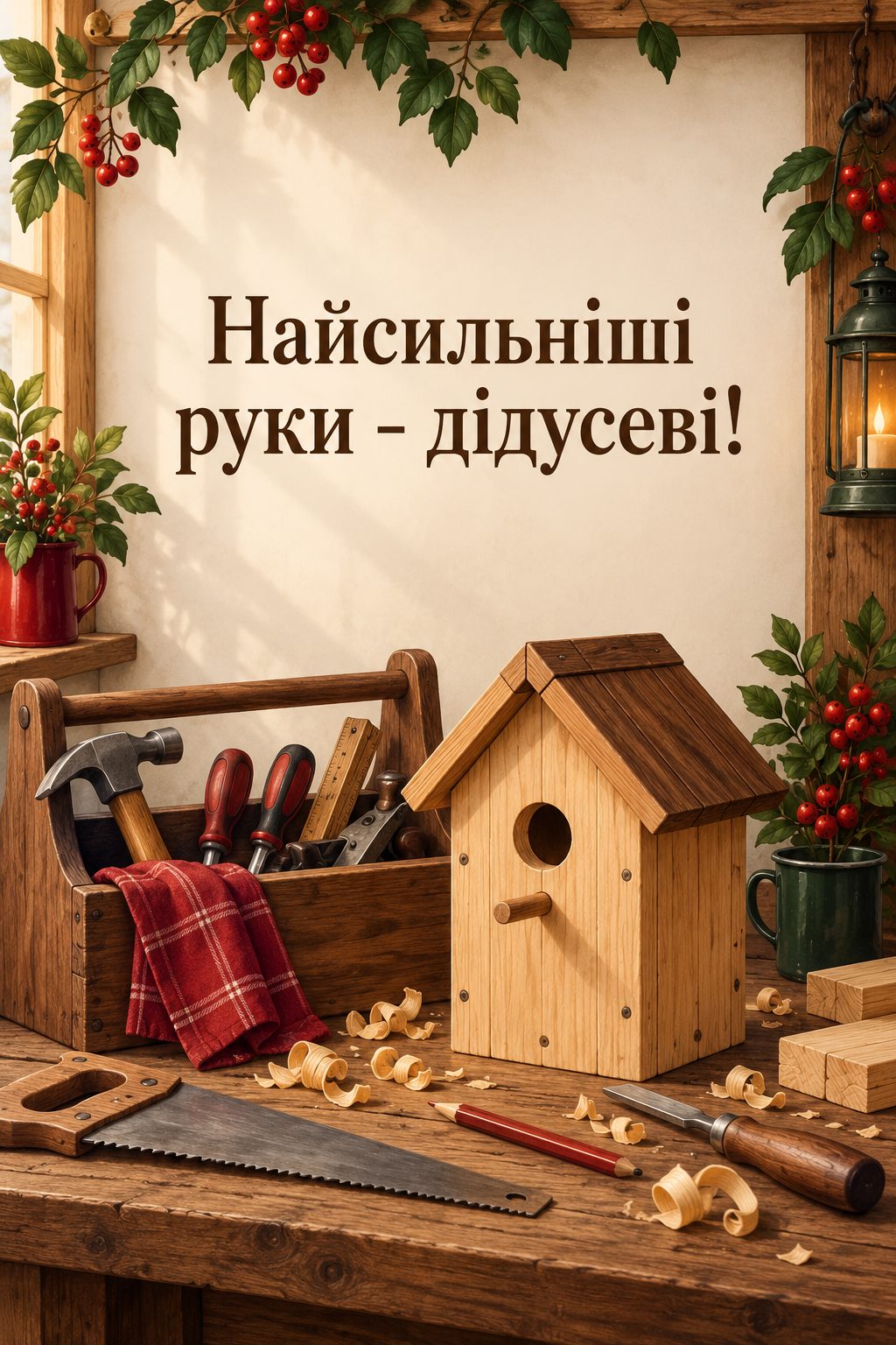Листівка з Днем бабусі й дідуся: скринька з інструментами й нова шпаківня, напис «Найсильніші руки - дідусеві!»
