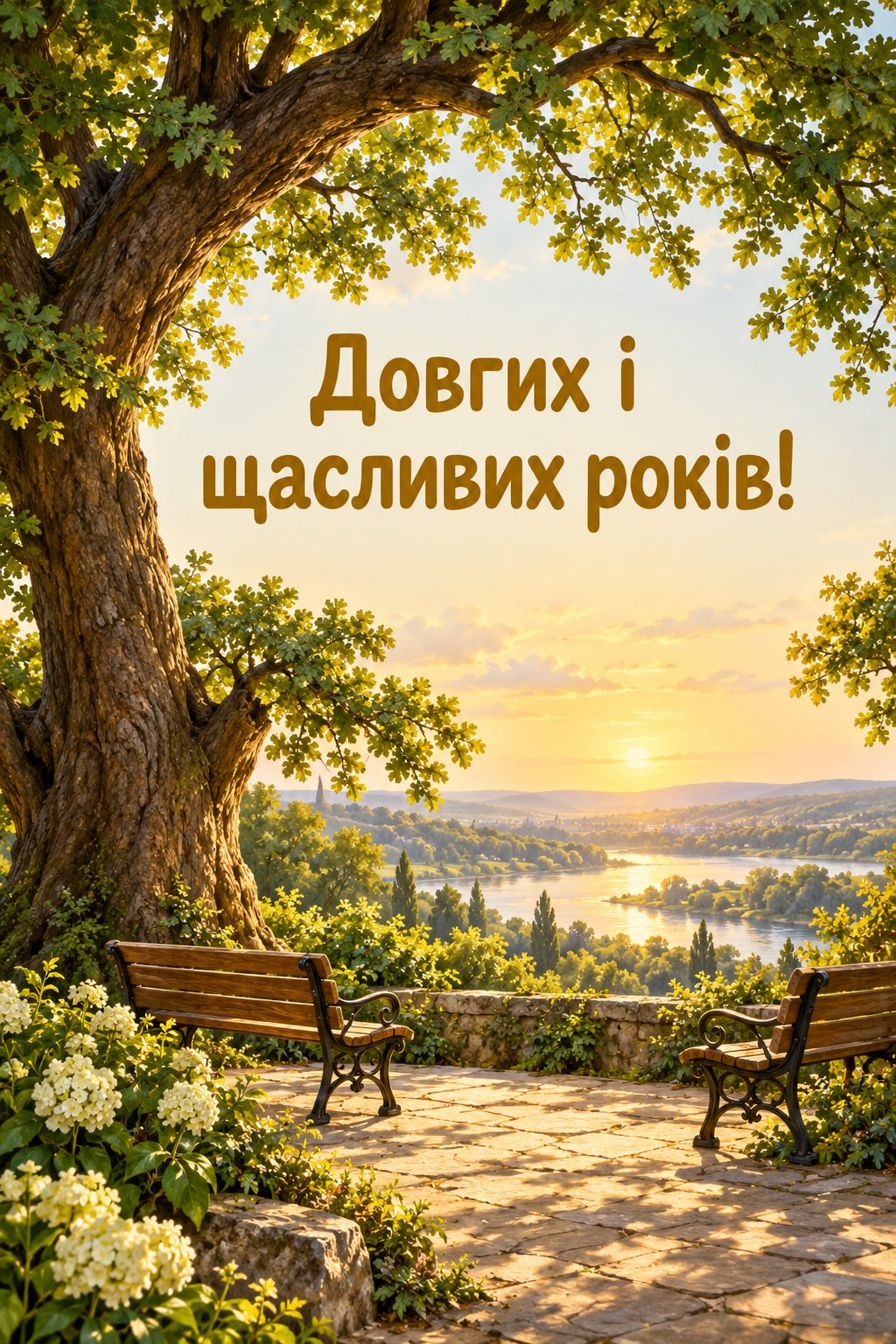 Листівка з Днем бабусі й дідуся: старе розлоге дерево з двома лавами, напис «Довгих і щасливих років!»