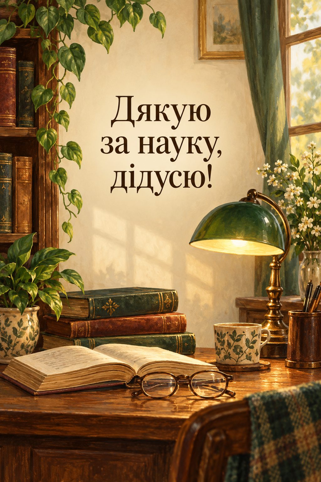 Листівка з Днем бабусі й дідуся: старі книжки, окуляри й настільна лампа, напис «Дякую за науку, дідусю!»