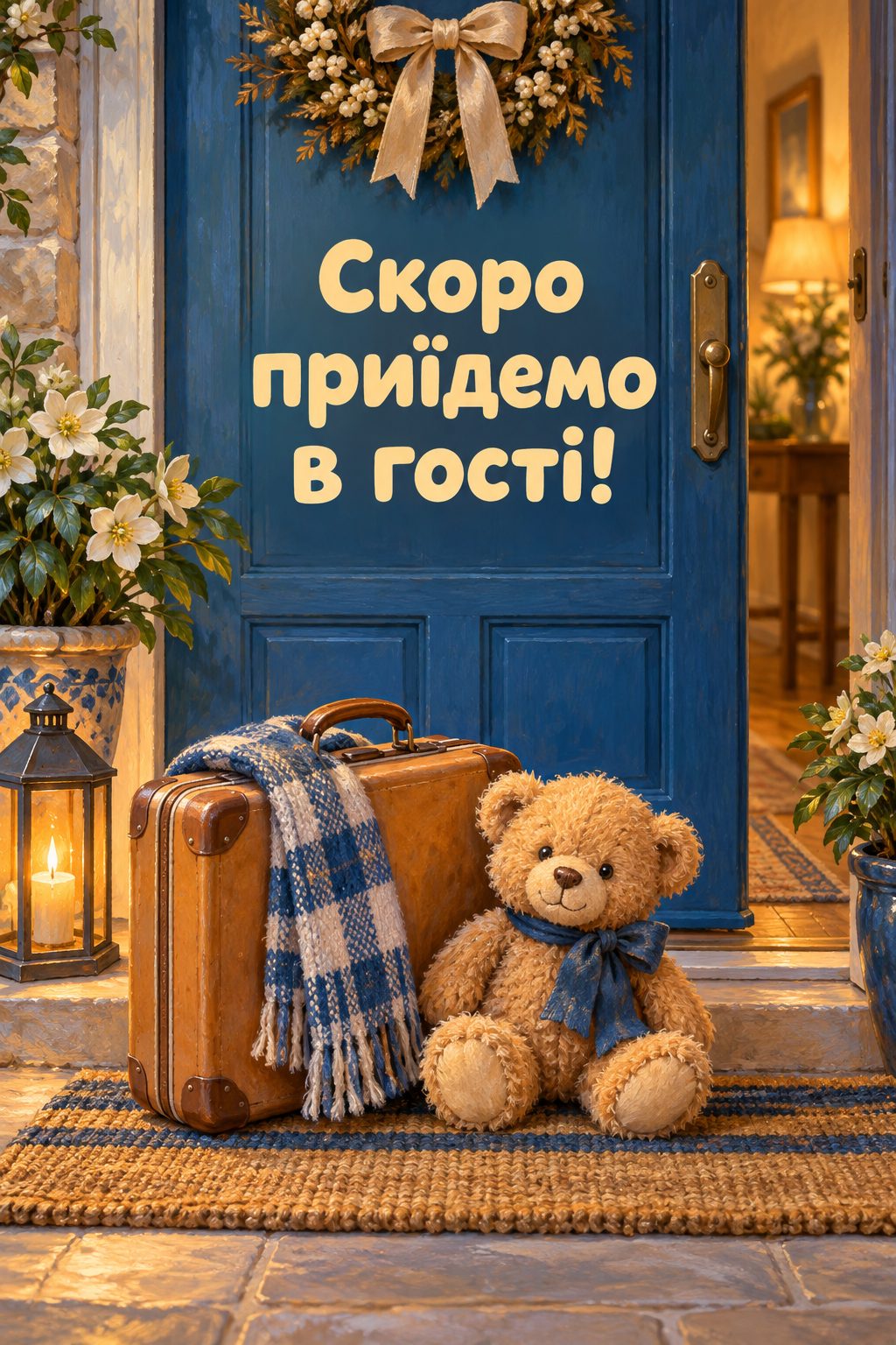 Листівка з Днем бабусі й дідуся: маленька валіза й плюшевий ведмедик біля дверей, напис «Скоро приїдемо в гості!»