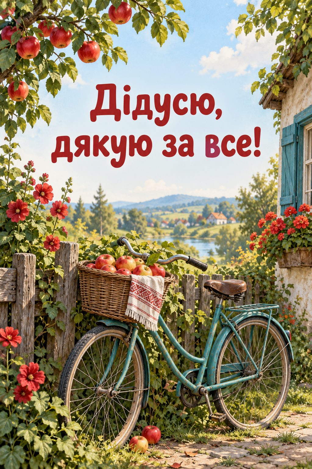 Листівка з Днем бабусі й дідуся: старий велосипед із кошиком яблук біля паркану, напис «Дідусю, дякую за все!»