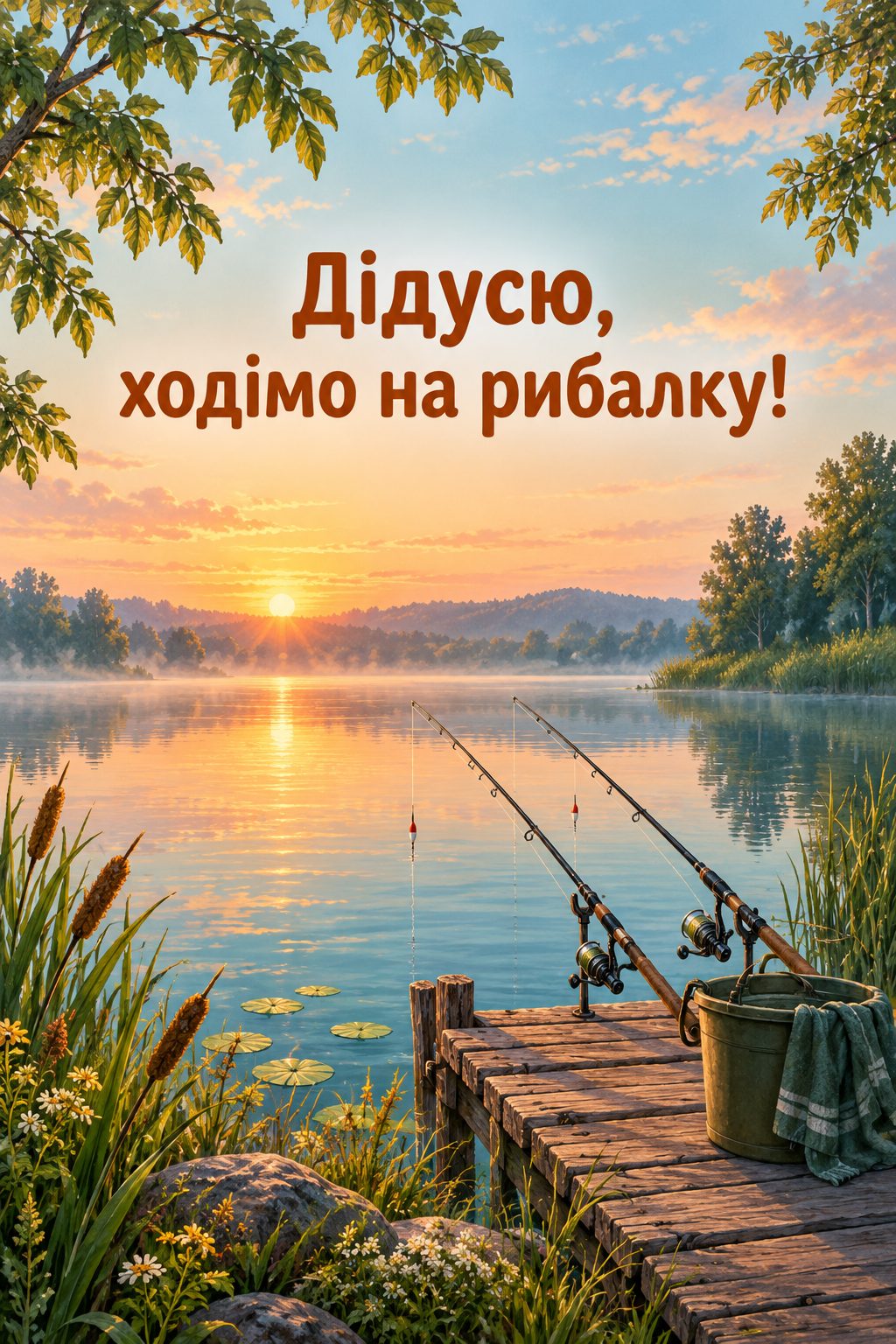 Листівка з Днем бабусі й дідуся: дві вудки й відерце біля тихого ставка на світанку, напис «Дідусю, ходімо на рибалку!»