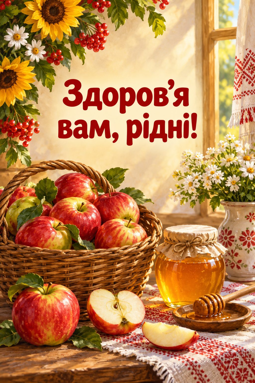 Листівка з Днем бабусі й дідуся: кошик яблук і банка меду, напис «Здоров'я вам, рідні!»