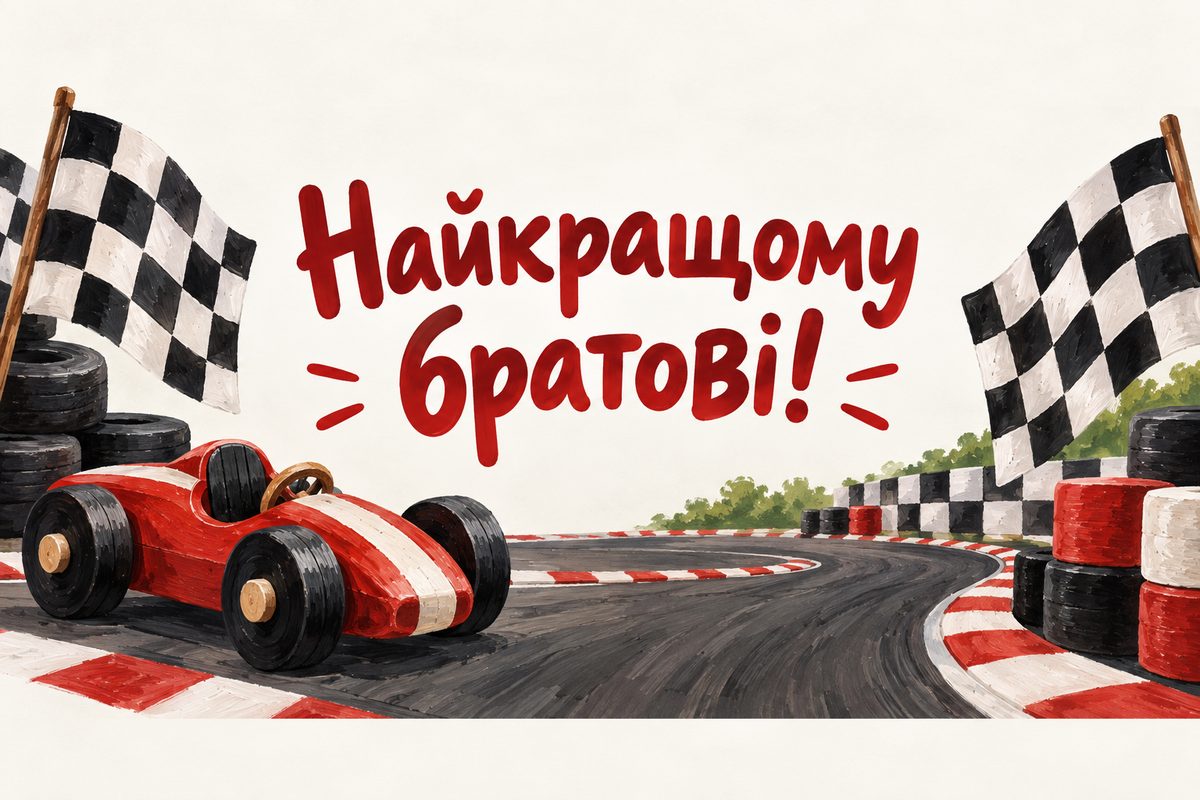 Листівка з днем народження брату: деревʼяна іграшкова машинка на треку з прапорцями, напис «Найкращому братові!»