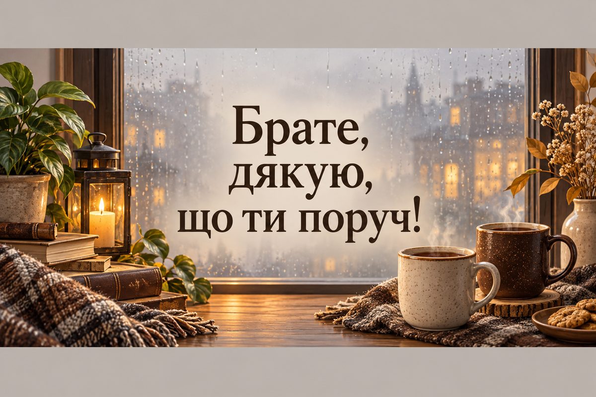 Листівка з днем народження брату: два кухлі чаю біля вікна в дощ, напис «Брате, дякую, що ти поруч!»
