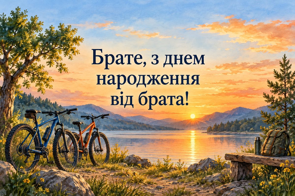 Листівка з днем народження брату: два велосипеди біля озера на заході сонця, напис «Брате, з днем народження від брата!»