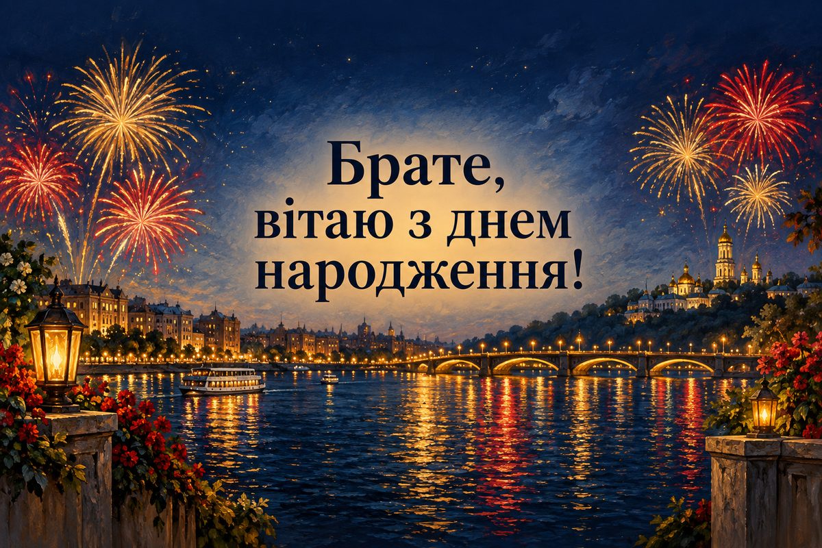 Листівка з днем народження брату: феєрверк над міською річкою, напис «Брате, вітаю з днем народження!»