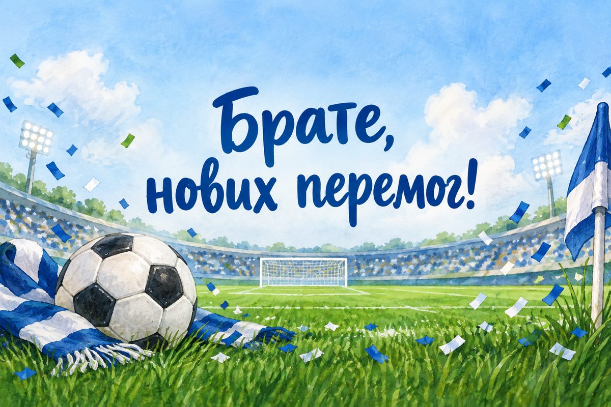 Листівка з днем народження брату: футбольний мʼяч на зеленому полі й конфеті, напис «Брате, нових перемог!»