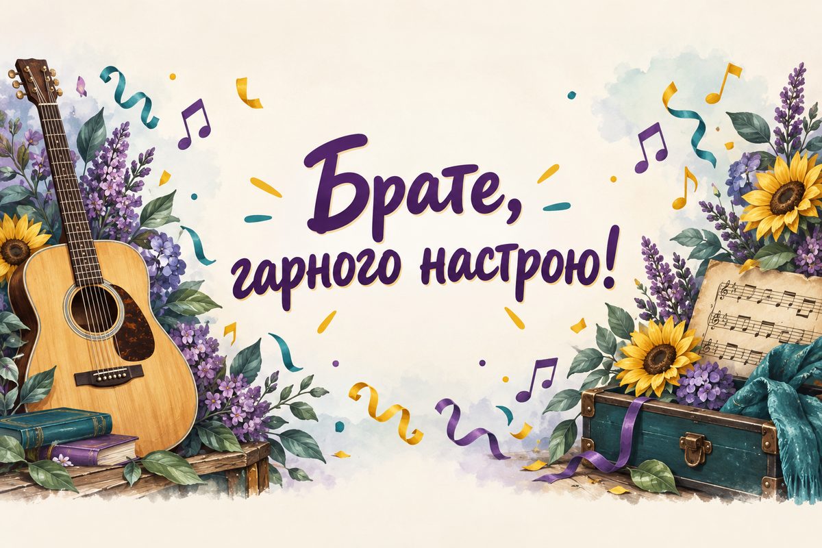 Листівка з днем народження брату: гітара, ноти й конфеті, напис «Брате, гарного настрою!»