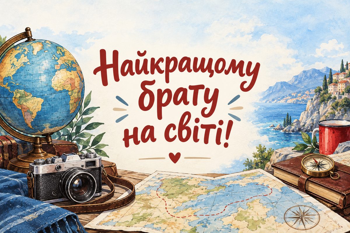Листівка з днем народження брату: глобус, фотоапарат і мапа подорожей, напис «Найкращому брату на світі!»
