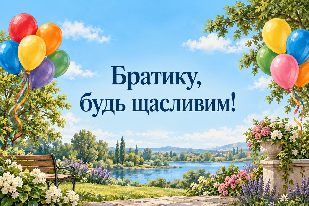 Листівка з днем народження брату: кольорові кульки над літнім парком, напис «Братику, будь щасливим!»