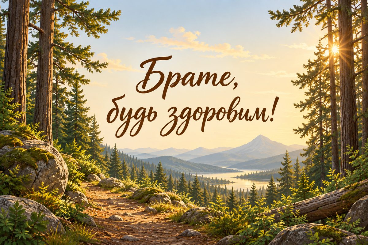Листівка з днем народження брату: лісова стежка серед високих сосен, напис «Брате, будь здоровим!»