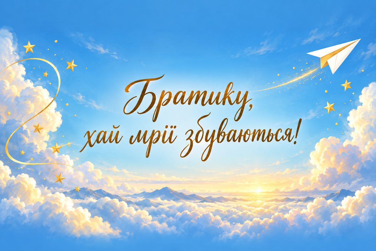 Листівка з днем народження брату: паперовий літачок серед хмар і зірок, напис «Братику, хай мрії збуваються!»