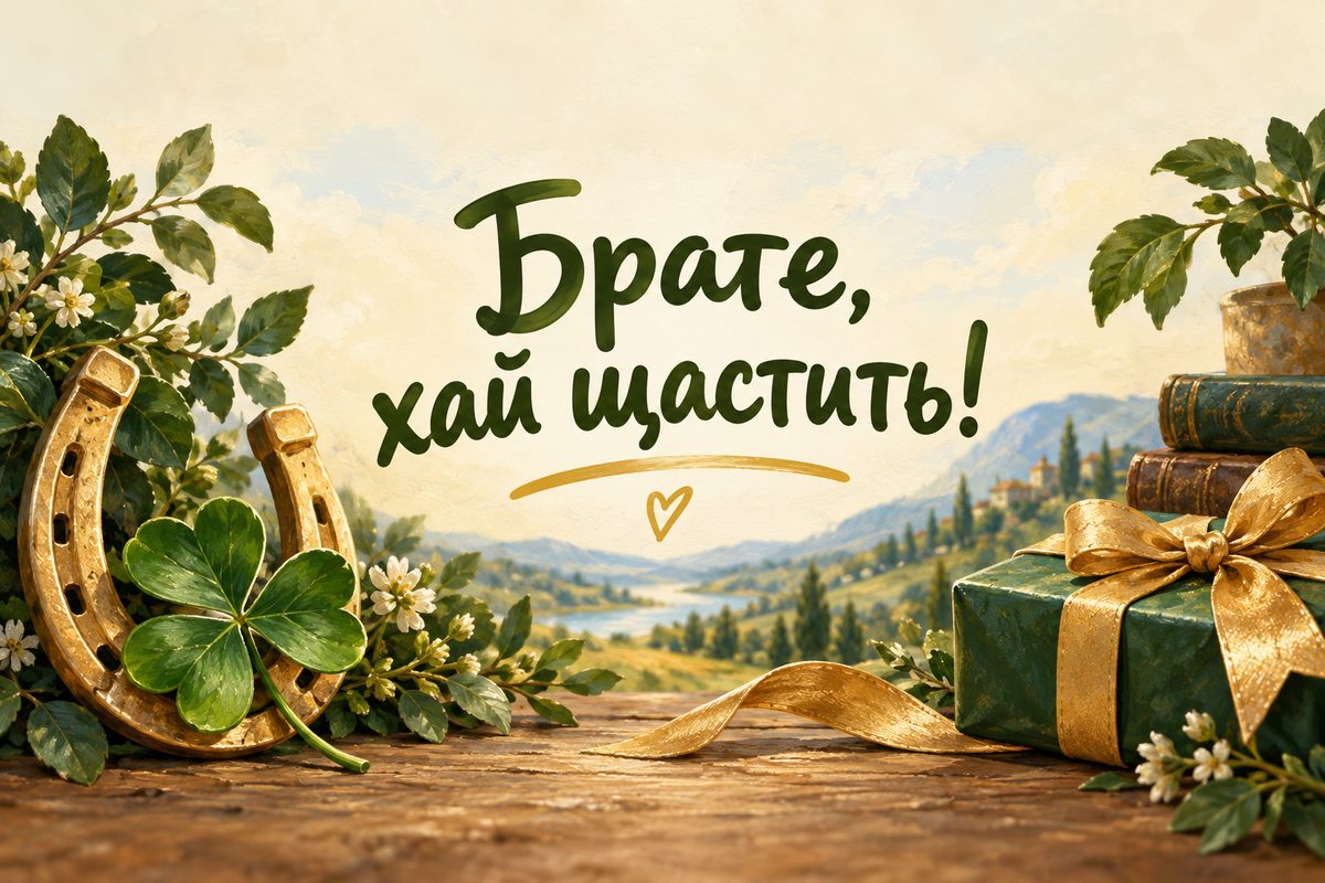 Листівка з днем народження брату: підкова, конюшина й подарунок, напис «Брате, хай щастить!»