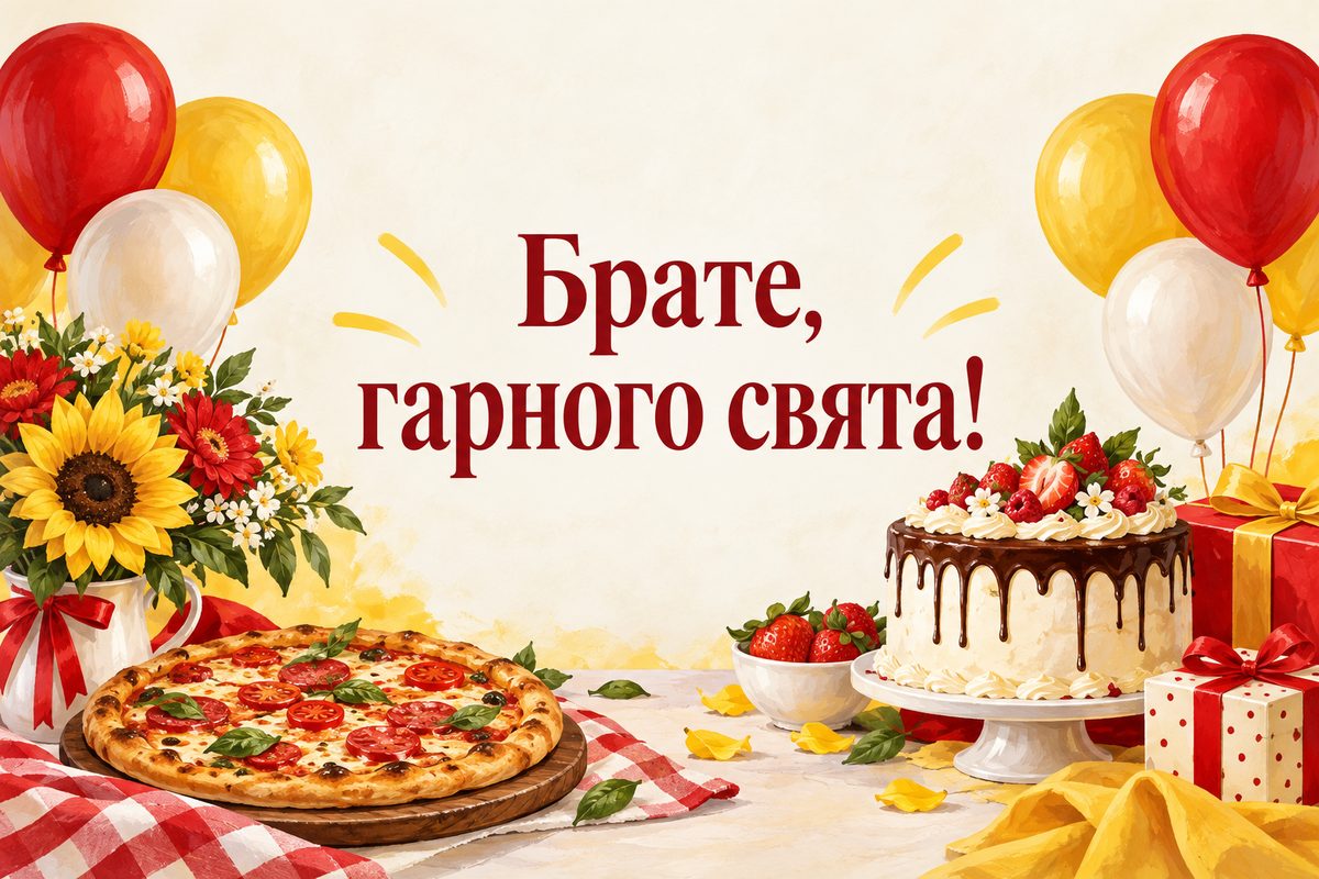 Листівка з днем народження брату: піца, торт і кульки на святковому столі, напис «Брате, гарного свята!»