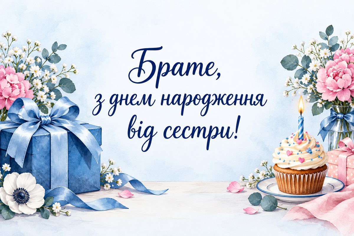 Листівка з днем народження брату: подарунок з бантом і капкейк зі свічкою, напис «Брате, з днем народження від сестри!»