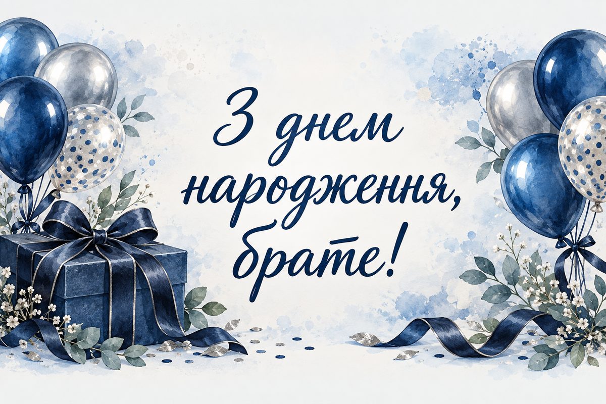 Листівка з днем народження брату: подарунок з темною стрічкою й сині кульки, напис «З днем народження, брате!»