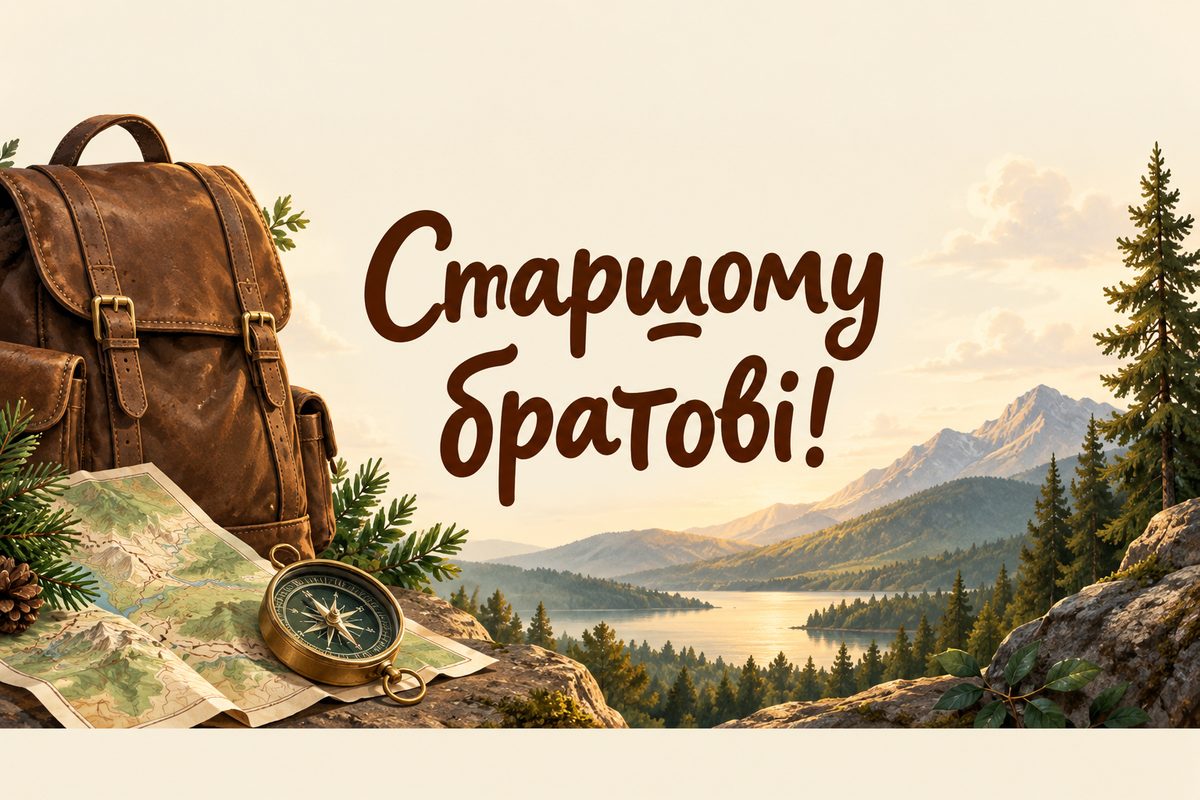 Листівка з днем народження брату: шкіряний рюкзак, компас і мапа, напис «Старшому братові!»