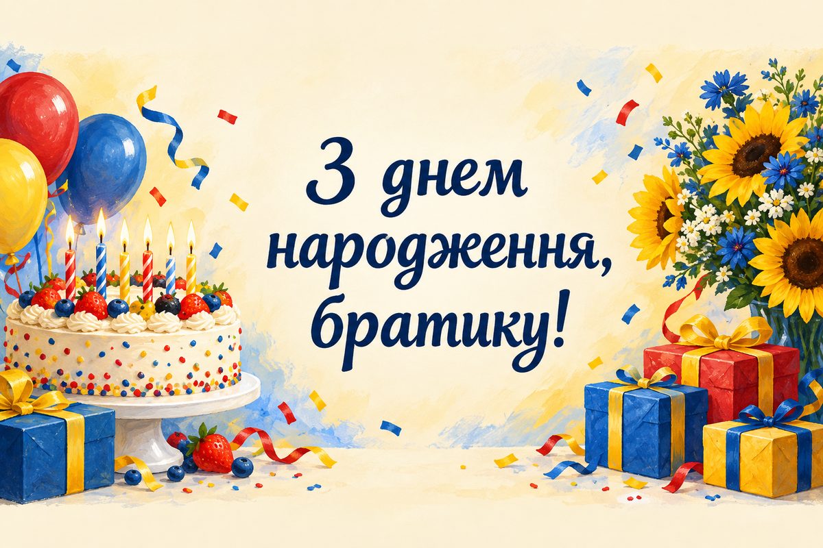 Листівка з днем народження брату: яскравий торт зі свічками й конфеті, напис «З днем народження, братику!»