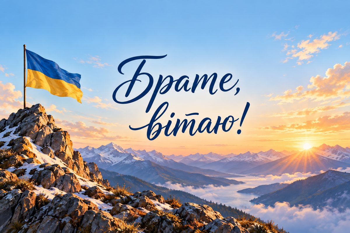 Листівка з днем народження брату: гірська вершина з прапорцем на світанку, напис «Брате, вітаю!»