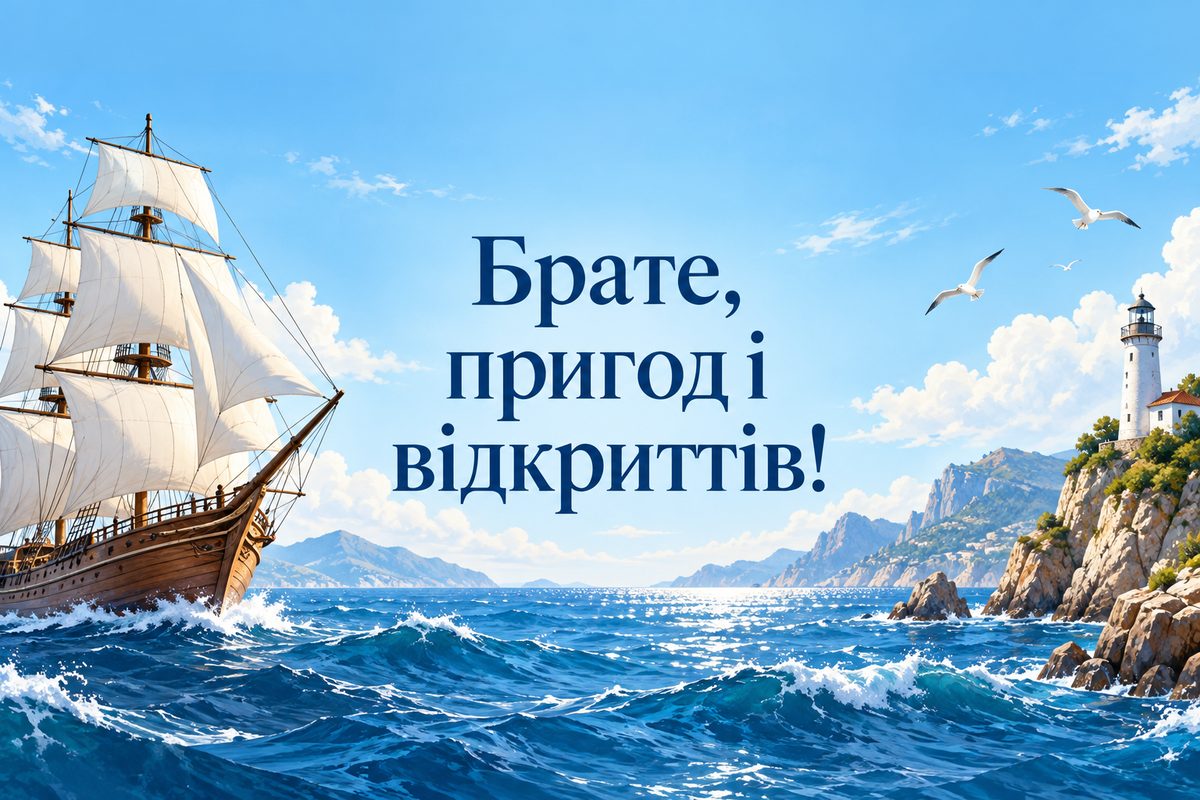 Листівка з днем народження брату: вітрильник на хвилях під ясним небом, напис «Брате, пригод і відкриттів!»