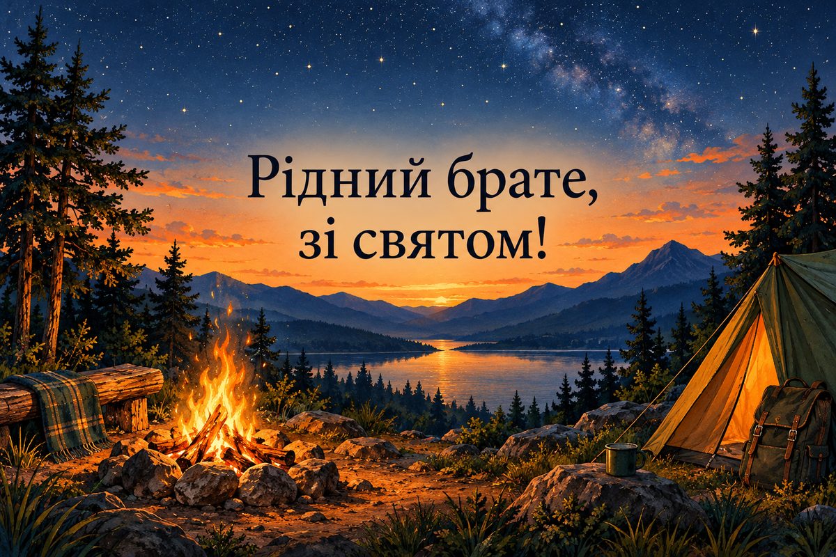 Листівка з днем народження брату: вогнище під зорями біля намету, напис «Рідний брате, зі святом!»