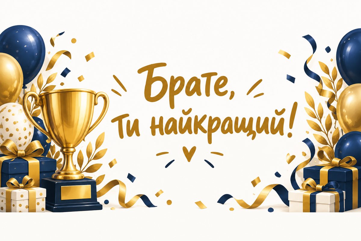 Листівка з днем народження брату: золотий кубок і конфеті, напис «Брате, ти найкращий!»