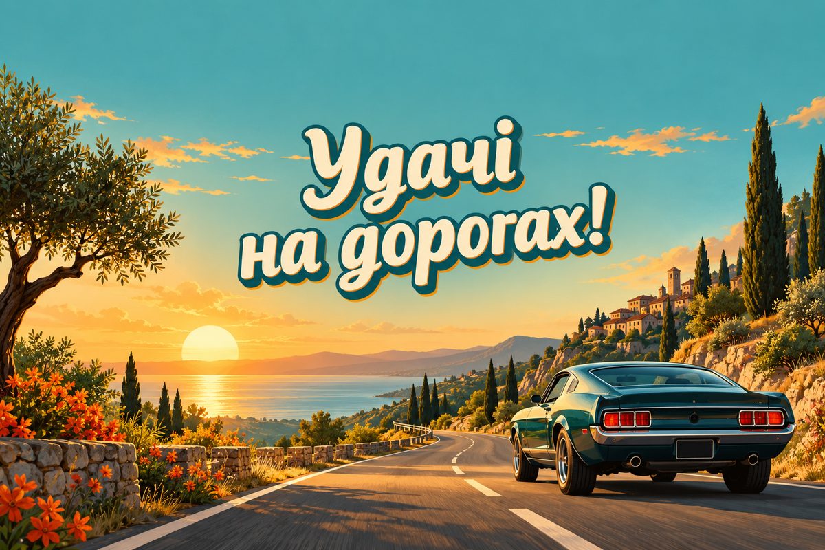 Листівка з днем народження чоловіку: класичне авто на дорозі, напис «Удачі на дорогах!»