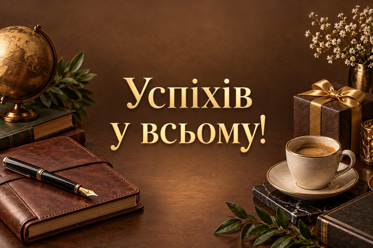 Листівка з днем народження чоловіку: блокнот, ручка й еспресо, напис «Успіхів у всьому!»