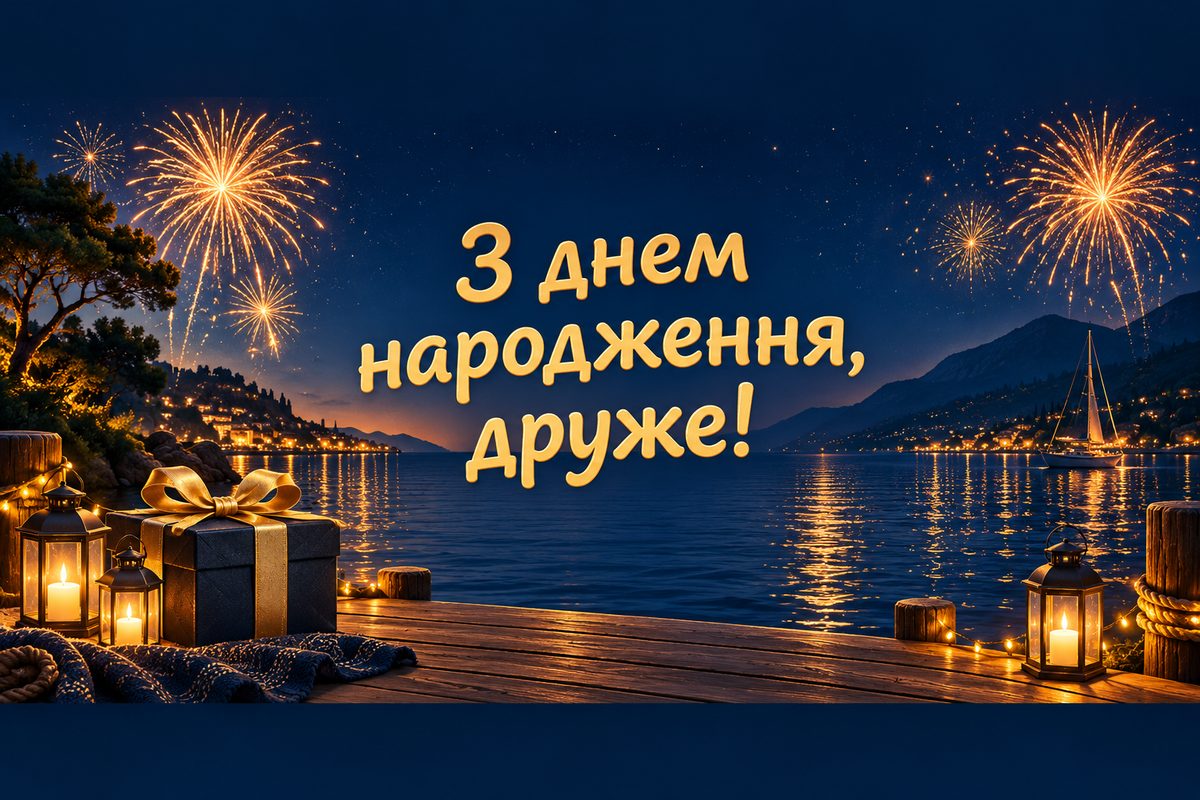 Листівка з днем народження чоловіку: феєрверк над озером, напис «З днем народження, друже!»