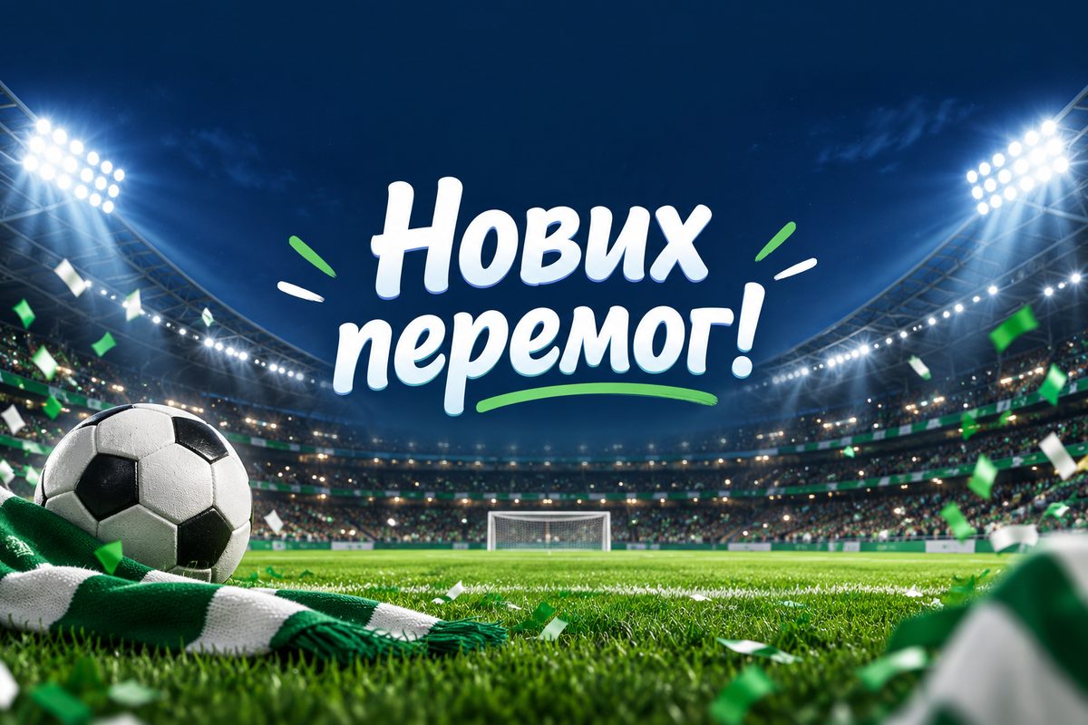 Листівка з днем народження чоловіку: футбольний мʼяч на стадіоні, напис «Нових перемог!»