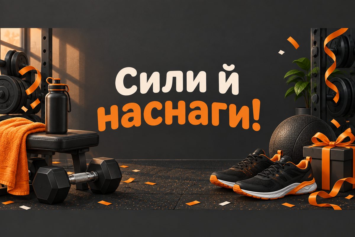 Листівка з днем народження чоловіку: гантелі й кросівки, напис «Сили й наснаги!»