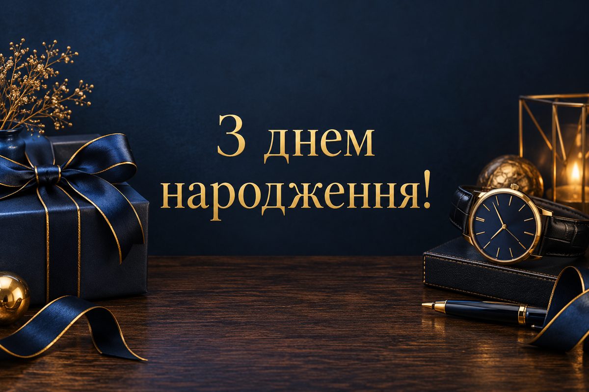 Листівка з днем народження чоловіку: годинник і подарунок, напис «З днем народження!»