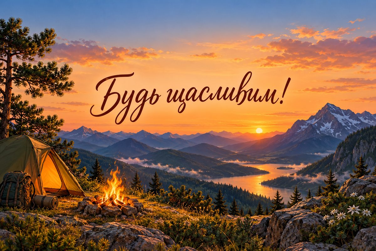 Листівка з днем народження чоловіку: гори, намет і багаття, напис «Будь щасливим!»