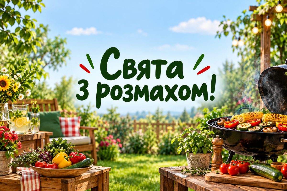 Листівка з днем народження чоловіку: гриль у саду, напис «Свята з розмахом!»
