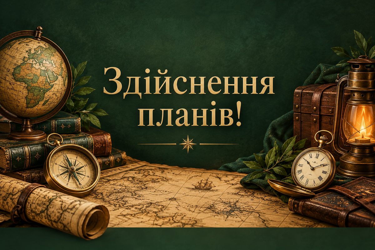 Листівка з днем народження чоловіку: мапа, компас і годинник, напис «Здійснення планів!»