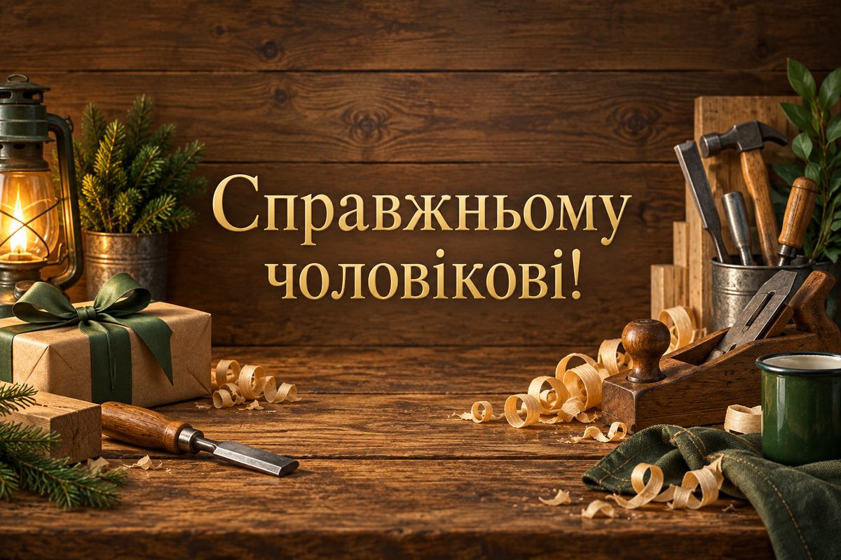 Листівка з днем народження чоловіку: майстерня з інструментами, напис «Справжньому чоловікові!»