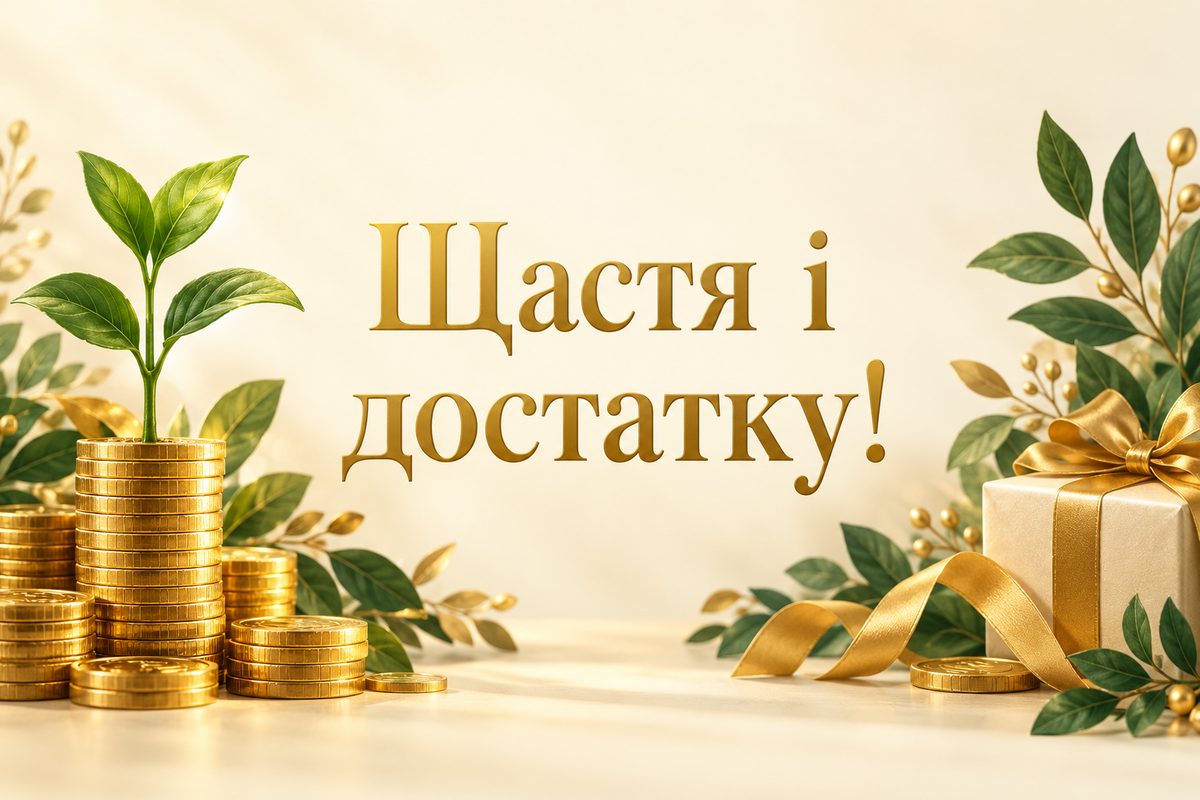 Листівка з днем народження чоловіку: монети й паросток, напис «Щастя і достатку!»