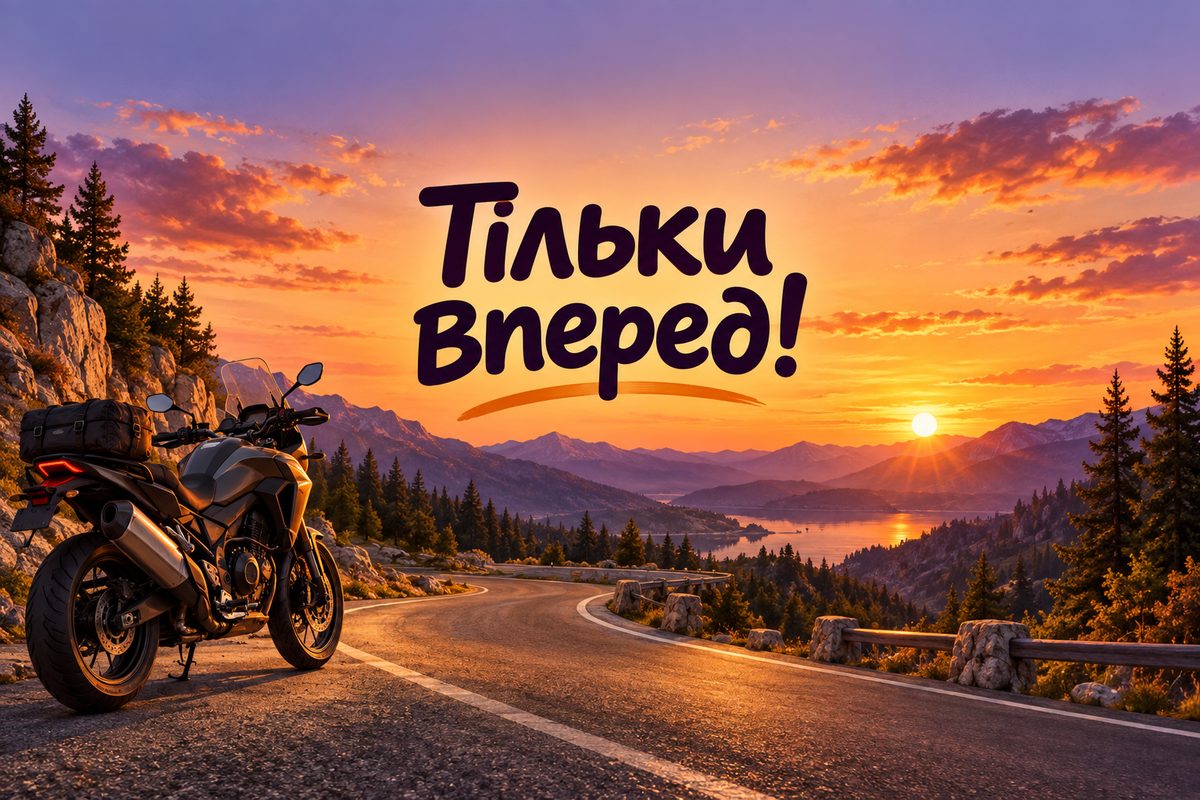 Листівка з днем народження чоловіку: мотоцикл на серпантині, напис «Тільки вперед!»