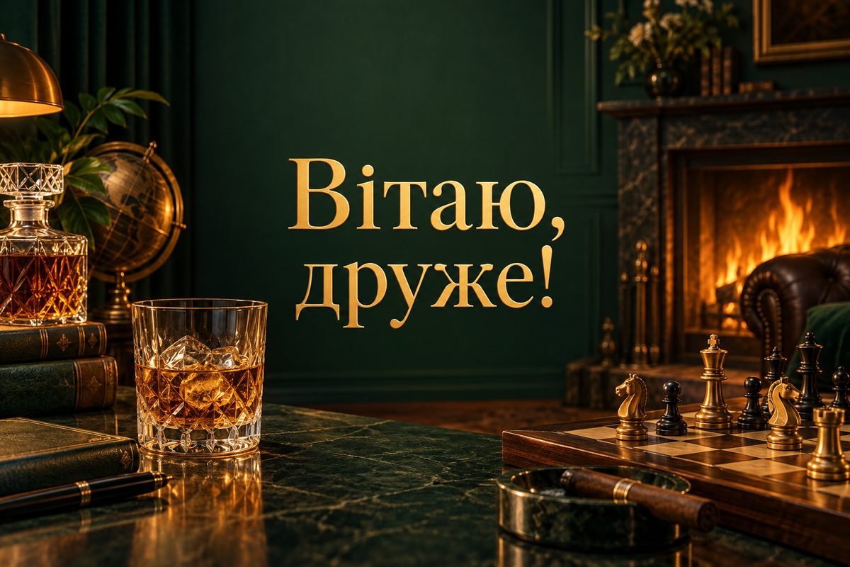 Листівка з днем народження чоловіку: шахи біля каміна, напис «Вітаю, друже!»