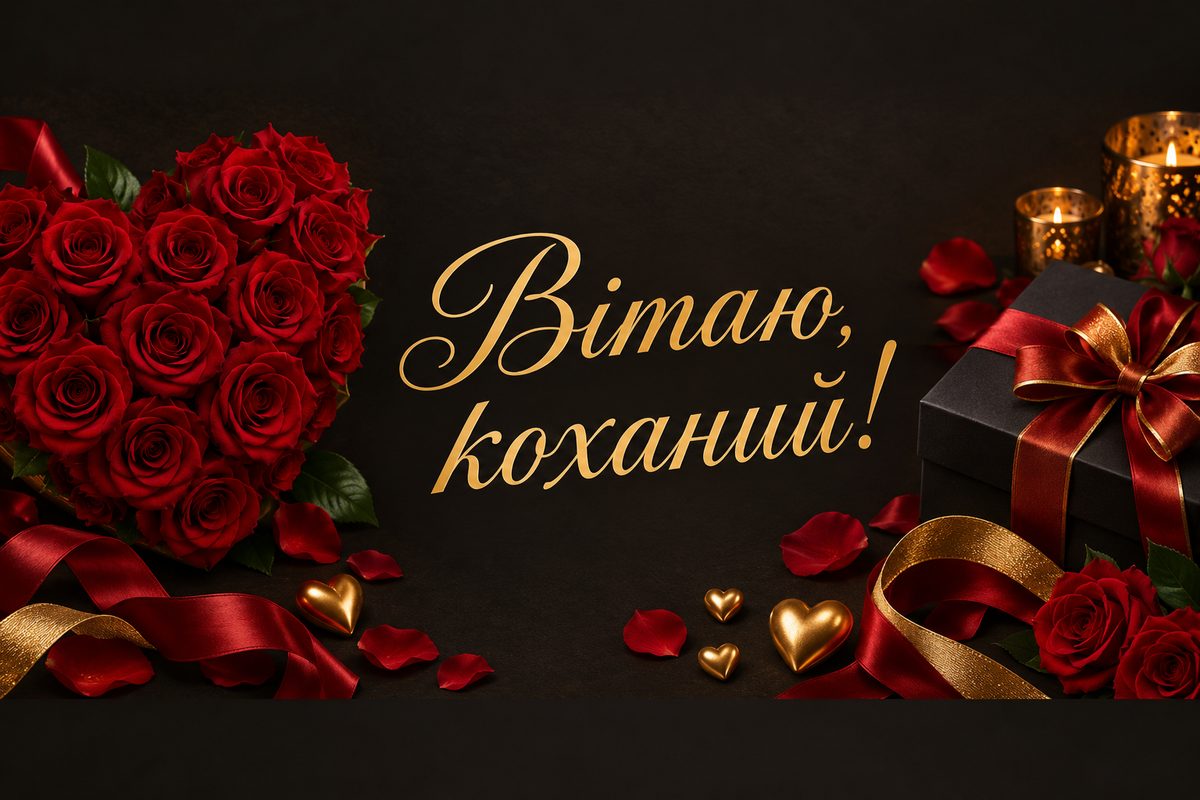 Листівка з днем народження чоловіку: троянди й подарунок, напис «Вітаю, коханий!»