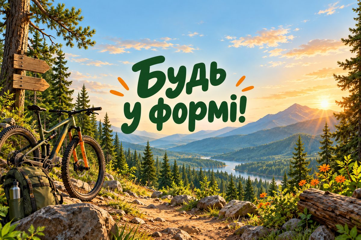 Листівка з днем народження чоловіку: велосипед у лісі, напис «Будь у формі!»