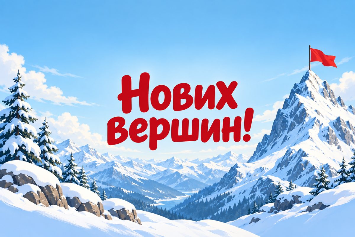 Листівка з днем народження чоловіку: вершина з прапорцем, напис «Нових вершин!»