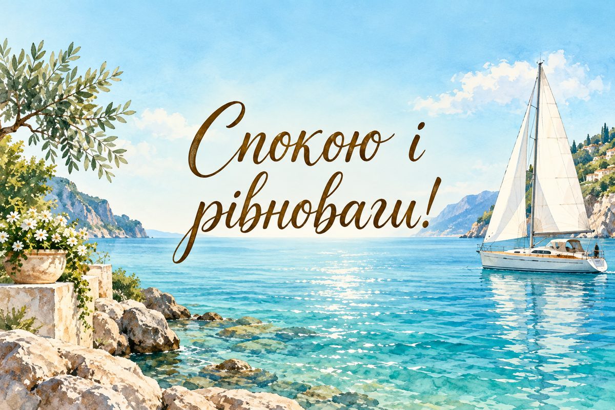 Листівка з днем народження чоловіку: яхта в морі, напис «Спокою і рівноваги!»