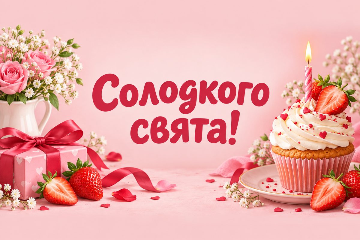 Листівка з днем народження дівчині: капкейк із полуницею й свічкою, напис «Солодкого свята!»