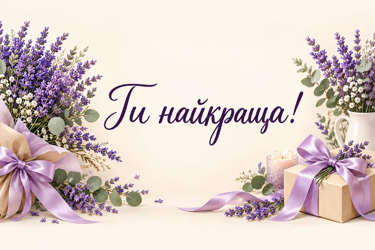 Листівка з днем народження дівчині: лаванда й подарунок, напис «Ти найкраща!»